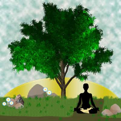 desenho de uma pessoa meditando em uma arvore